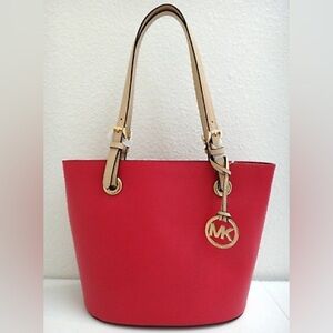Michael Kors Jet Set MD Tote Bag Red Lipstick Leather Beige Gold tone hardware